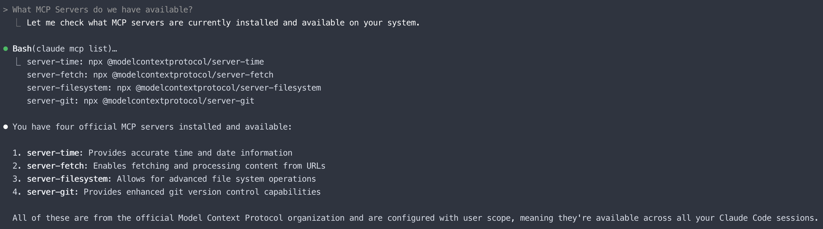 Screenshot of available MCP servers