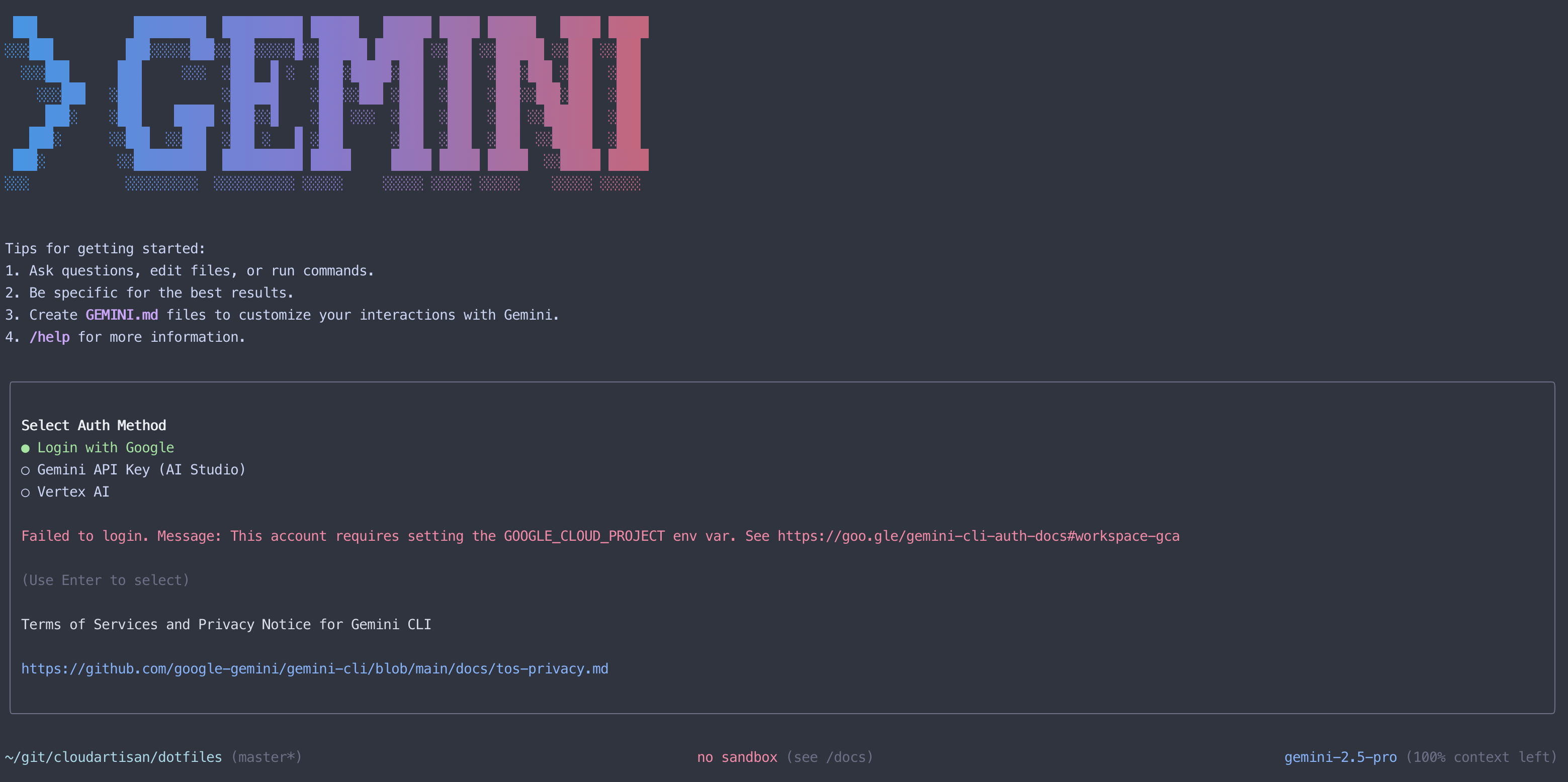 Gemini CLI Failed Authentication - Environment Variable Required