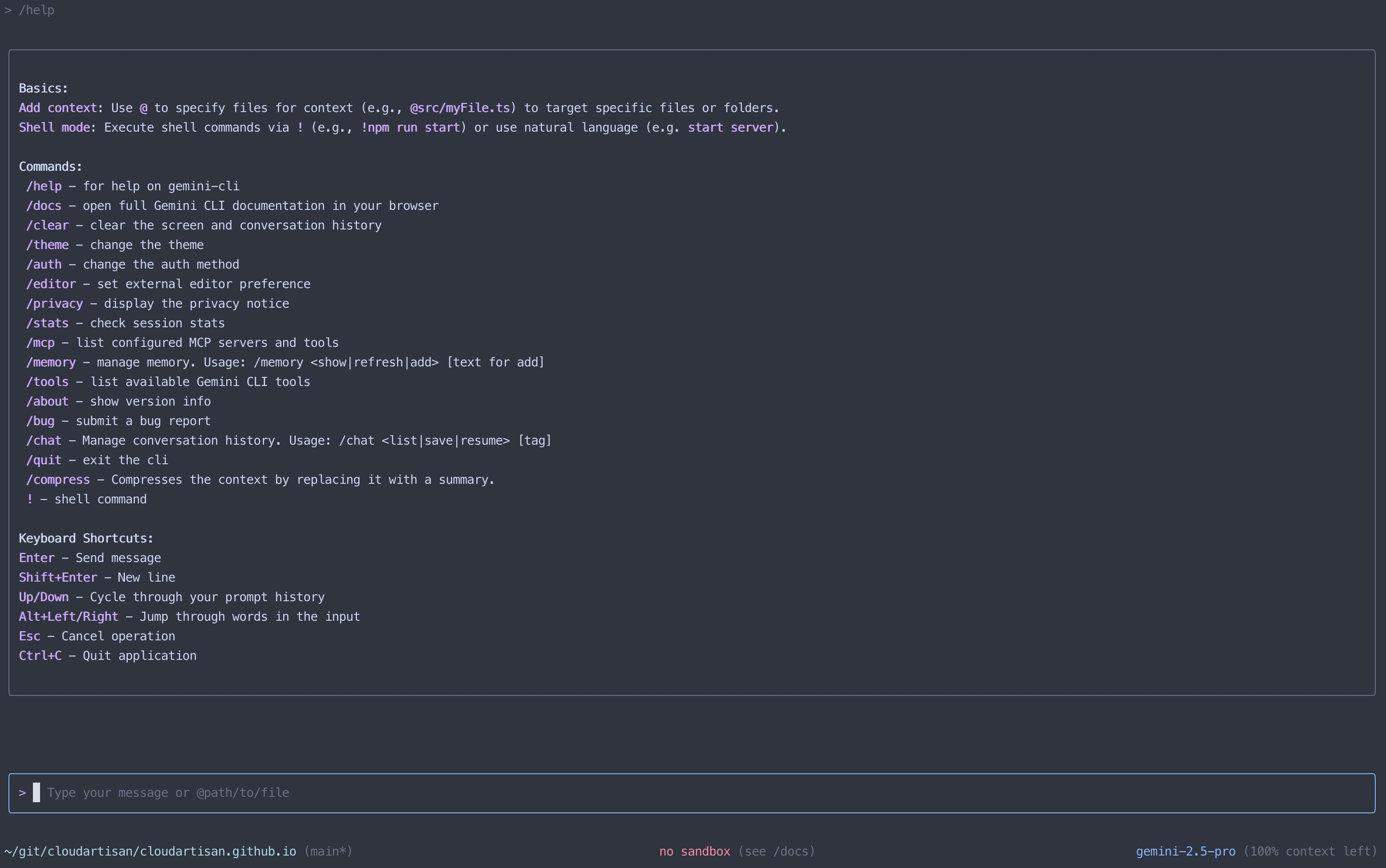 Gemini CLI Help Command Output